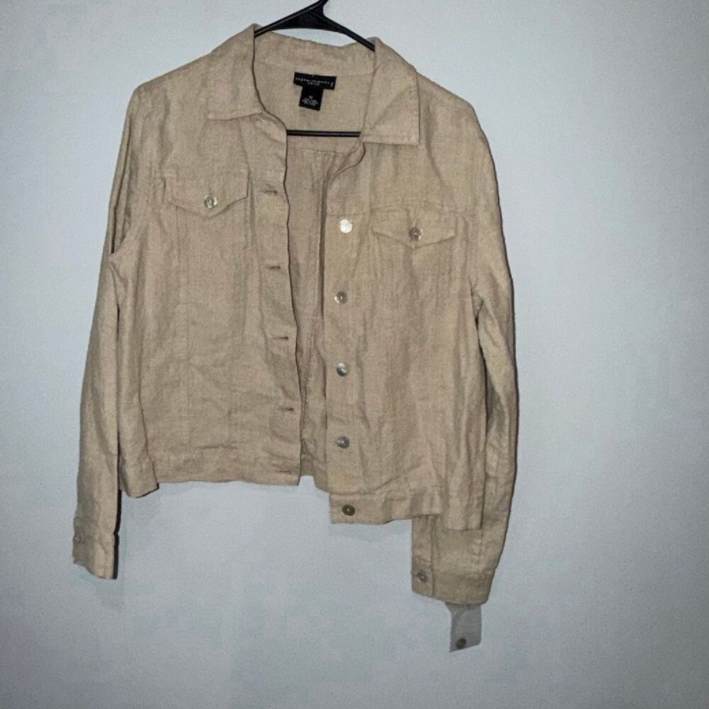 Statements Petite 100% Linen Jacket Beige Button Front Shacket M NEW #900